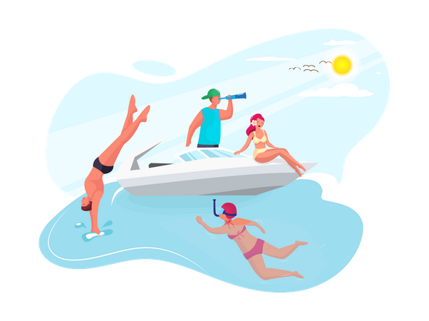 Grupo de amigos nadando no mar  Ilustração