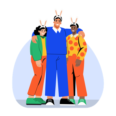 Grupo de amigos vestidos con trajes de Pascua  Ilustración