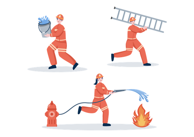 Grupo de bombeiros que lidam com emergência de incêndio  Ilustração
