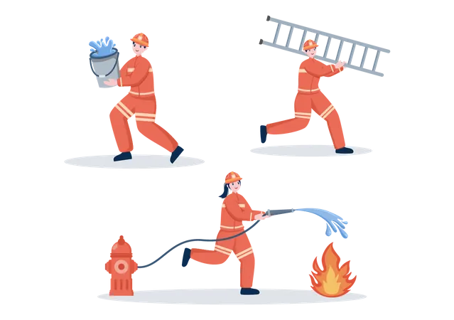 Grupo de bombeiros que lidam com emergência de incêndio  Ilustração