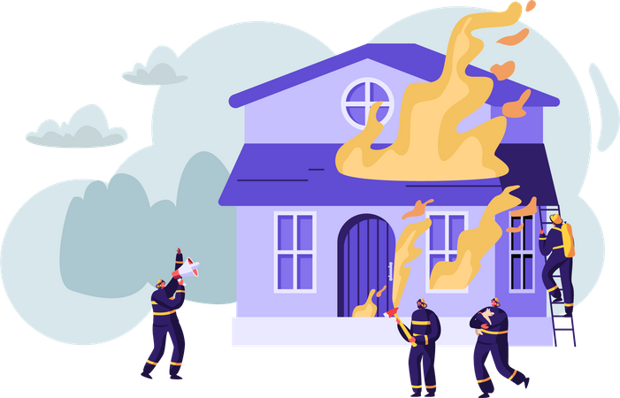 Grupo de bombeiros lutando contra chamas em casa em chamas  Ilustração