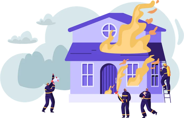 Grupo de bombeiros lutando contra chamas em casa em chamas  Ilustração