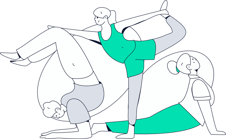 Grupo de chicas haciendo yoga.  Ilustración