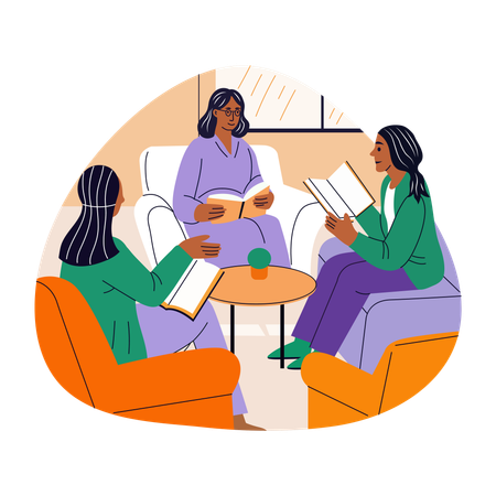 Grupo de chicas leyendo un libro  Ilustración