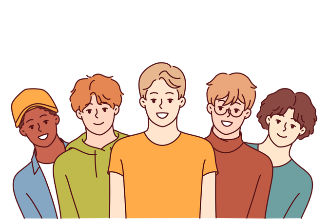 Un grupo de chicos de secundaria sonríen y miran la pantalla en busca del concepto de sociedad multiétnica  Ilustración