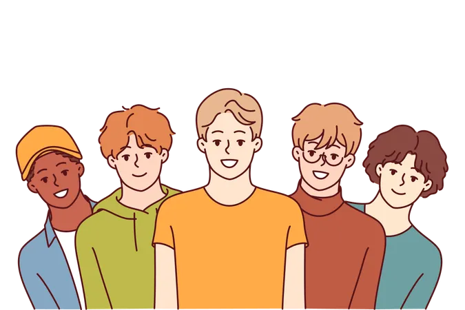 Un grupo de chicos de secundaria sonríen y miran la pantalla en busca del concepto de sociedad multiétnica  Ilustración