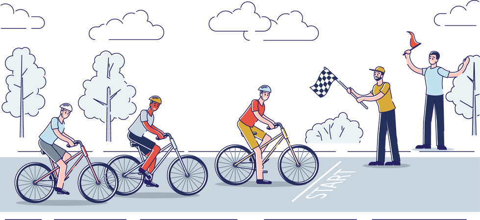 Grupo de ciclistas iniciando carrera.  Ilustración