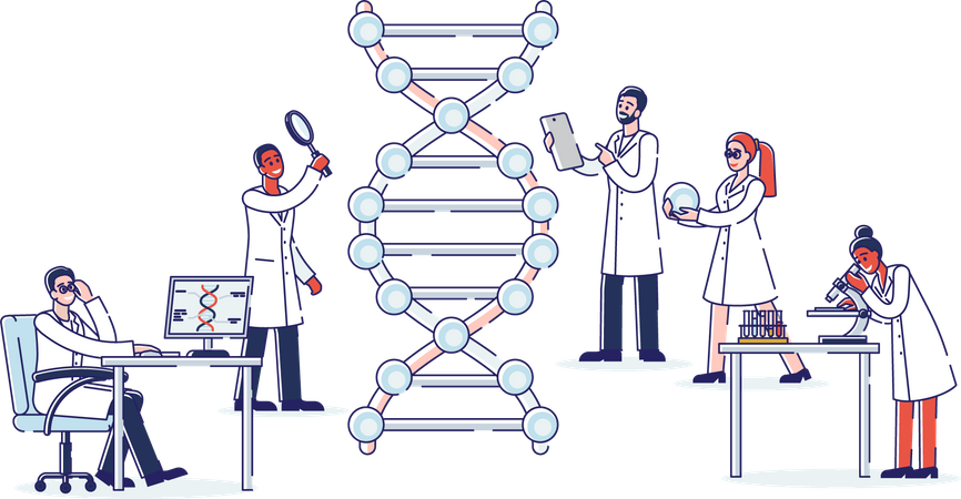 Grupo de científicos profesionales trabajan con moléculas de ADN.  Ilustración