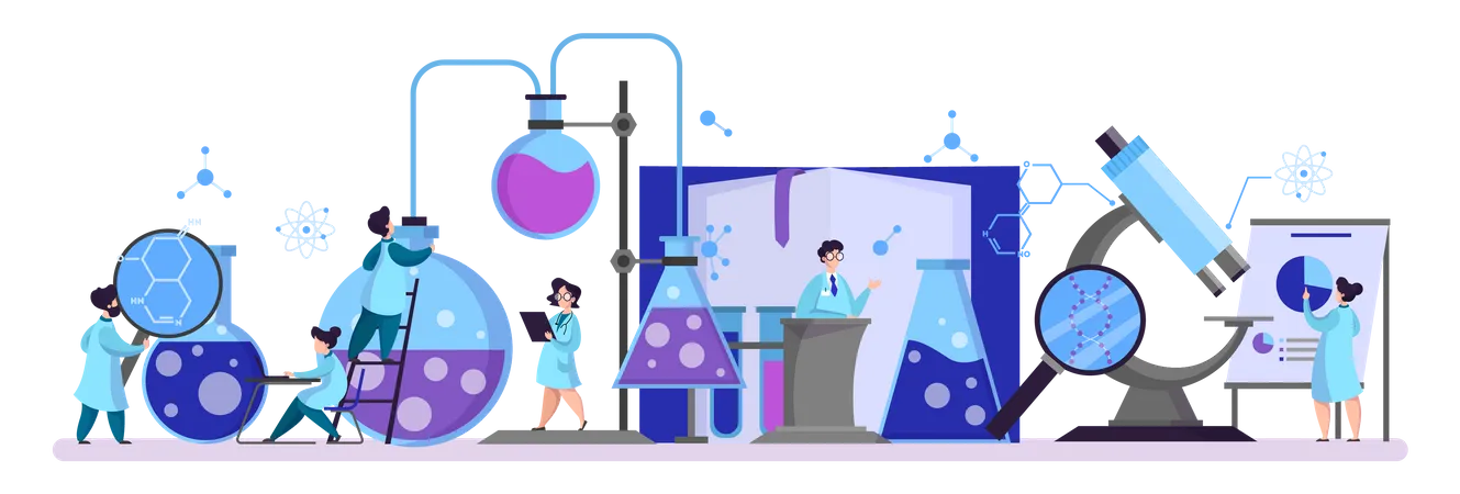 Grupo de científicos que realizan investigaciones médicas.  Ilustración