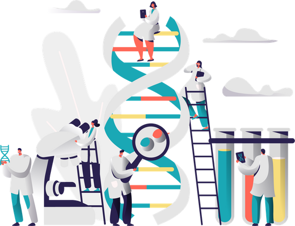 Grupo de científicos investigando el ADN.  Ilustración