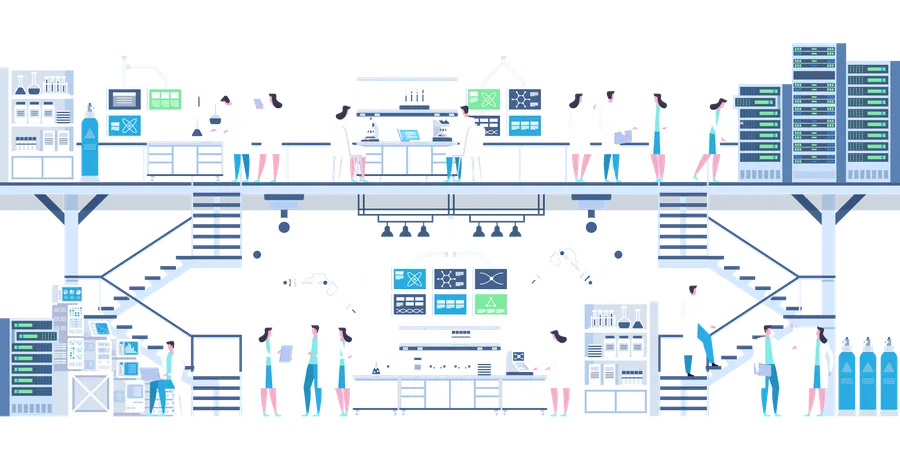 Grupo de científicos que realizan investigaciones y experimentos en el laboratorio médico.  Illustration