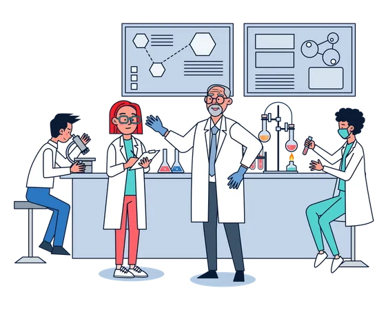 Grupo de cientistas profissionais fazendo pesquisas químicas  Ilustração
