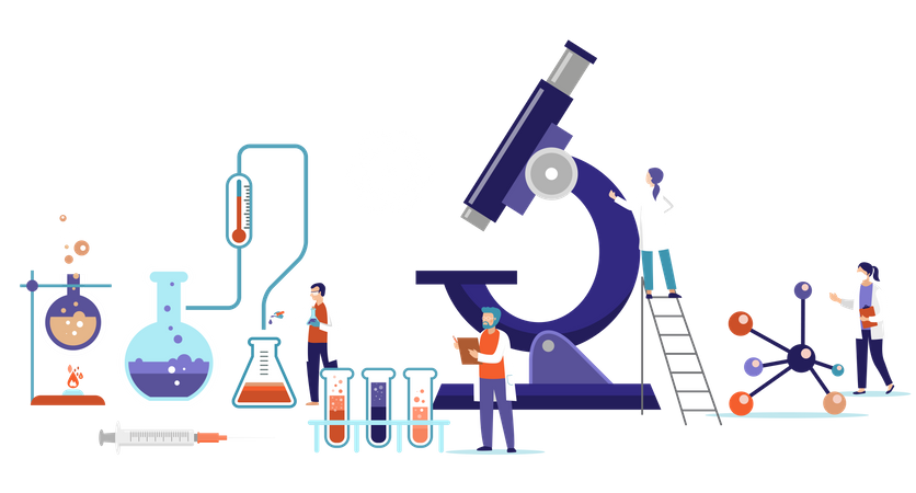 Grupo de cientistas trabalhando em laboratório  Ilustração