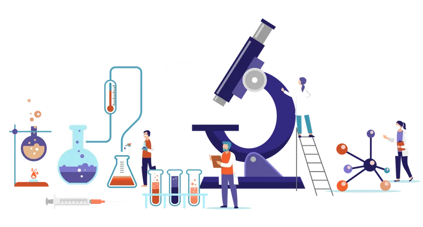 Grupo de cientistas trabalhando em laboratório  Ilustração