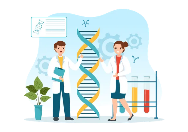 Grupo de cientistas trabalhando em DNA  Ilustração
