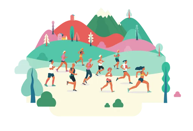 Grupo de corredores de maratón corriendo en el campo  Ilustración