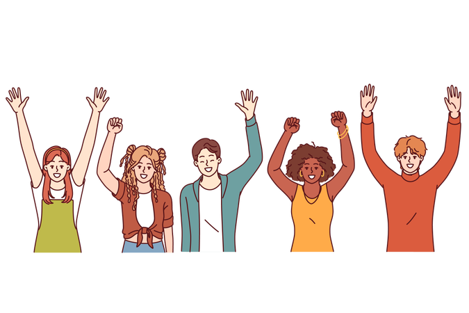 Grupo de crianças acenando com as mãos e comemorando  Ilustração