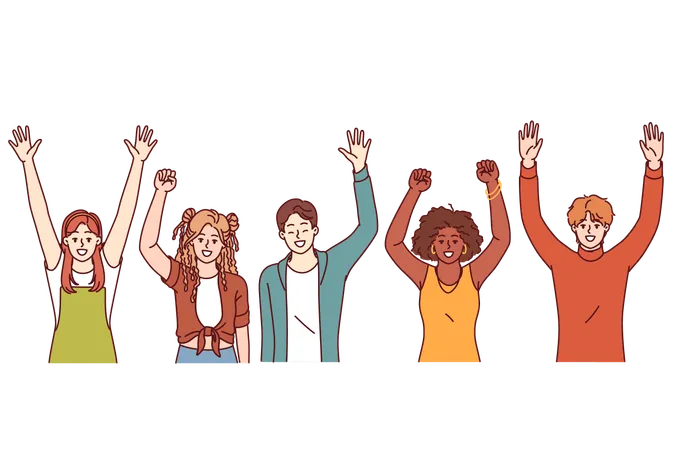 Grupo de crianças acenando com as mãos e comemorando  Ilustração