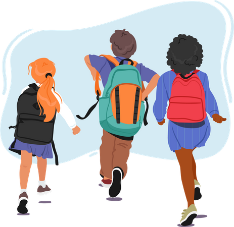 Grupo de crianças carregando mochilas e indo para a escola  Ilustração
