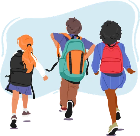 Grupo de crianças carregando mochilas e indo para a escola  Ilustração