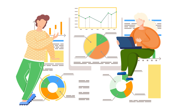 Grupo de empleados trabajando en un gráfico circular  Ilustración