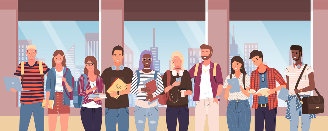 Grupo de estudantes multiculturais  Ilustração