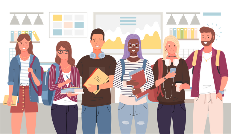 Grupo de estudantes universitários juntos  Ilustração