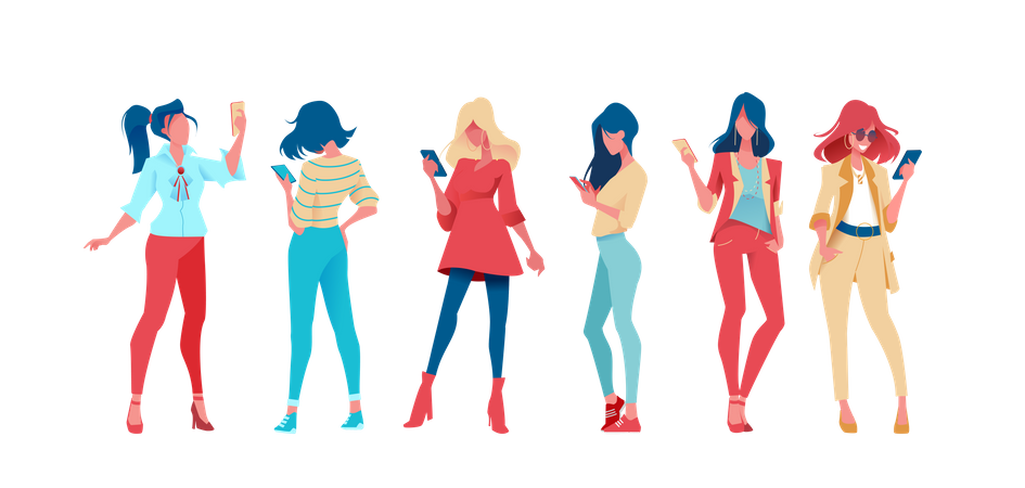 Grupo de meninas usando celular  Ilustração