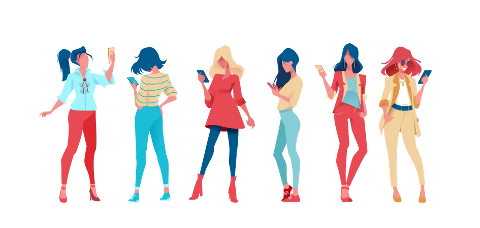 Grupo de meninas usando celular  Ilustração