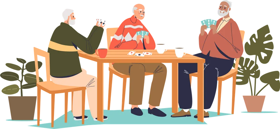 Grupo de hombres mayores sentados juntos a la mesa y jugando a las cartas  Ilustración