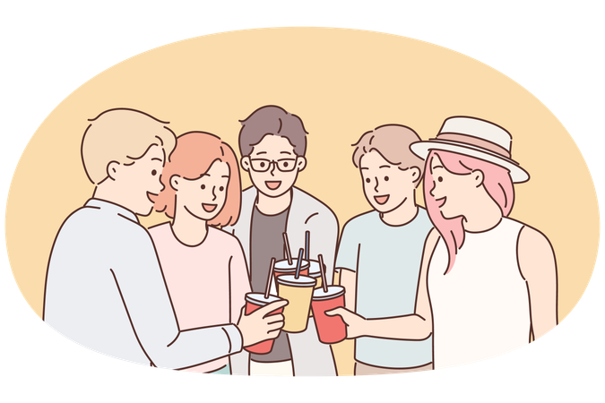 Un grupo de chicos y chicas jóvenes beben bebidas durante la fiesta navideña en vasos desechables con pajita.  Ilustración