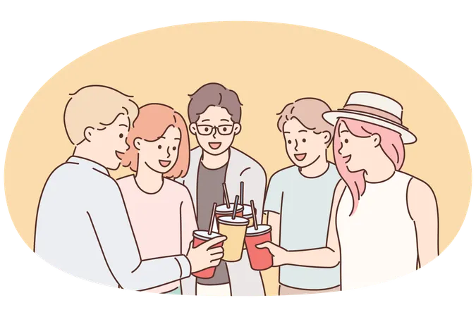 Un grupo de chicos y chicas jóvenes beben bebidas durante la fiesta navideña en vasos desechables con pajita.  Ilustración