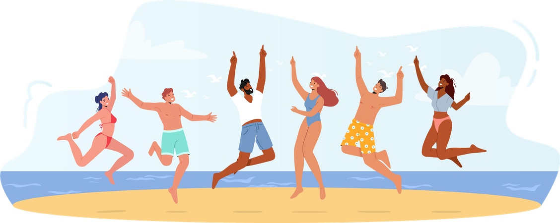 Grupo de jóvenes felices celebran fiesta en la playa  Ilustración