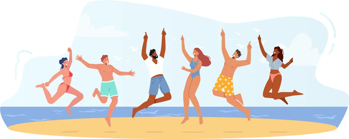 Grupo de jóvenes felices celebran fiesta en la playa  Ilustración