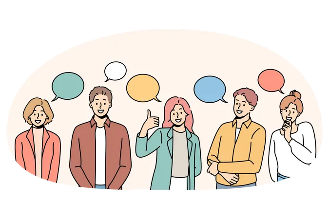 Grupo de jovens positivos em pé, apontando e com cartazes com letras de agradecimento, sentindo gratidão  Ilustração
