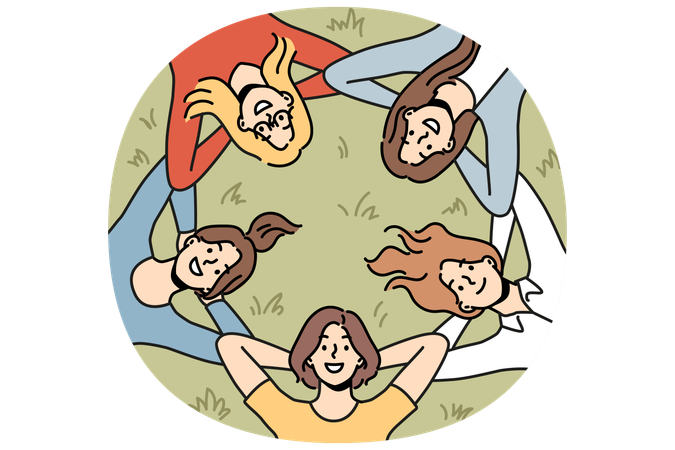 Grupo de meninas deita na grama e olha para cima sorrindo, aproveitando as férias no parque no clima quente do verão  Ilustração