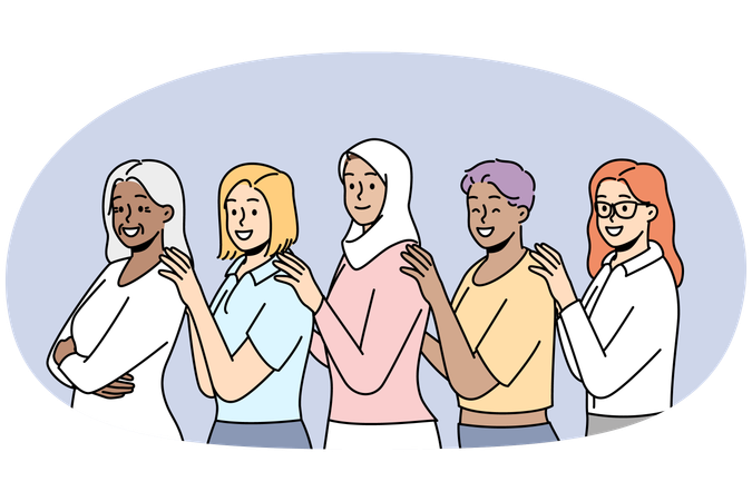 Grupo de mulheres multirraciais sorridentes juntas demonstrando união e apoio.  Ilustração