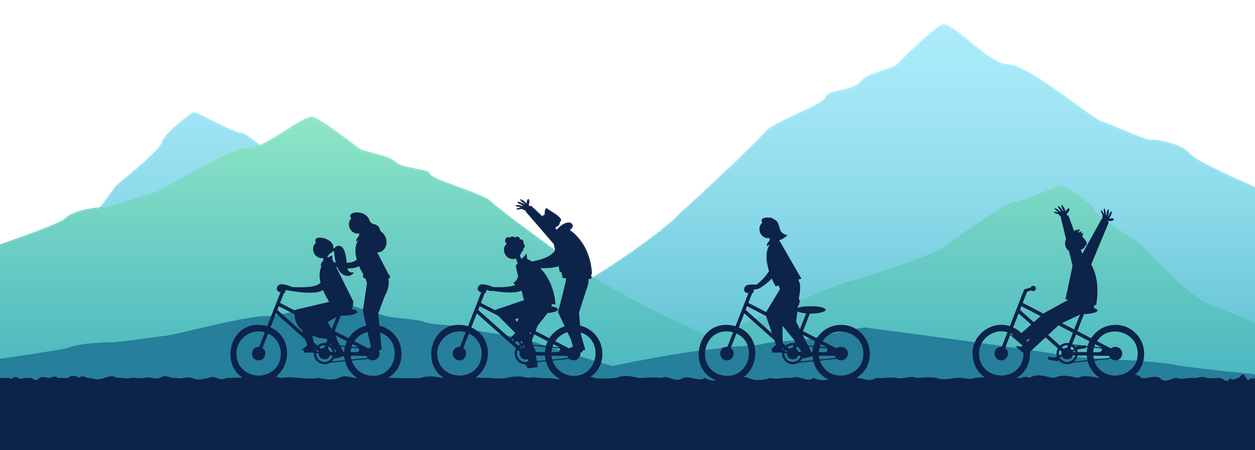Grupo de niños andando en bicicleta  Ilustración