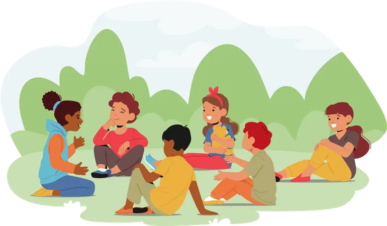 Grupo de niños sentados en el campo  Ilustración