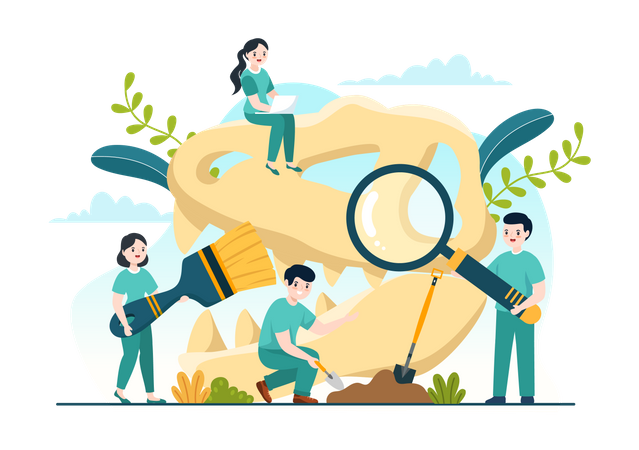 Grupo de paleontólogos voluntarios investigando combustibles fósiles  Ilustración