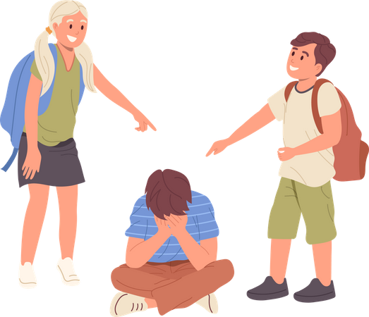 Grupo de pequenos estudantes intimidando, reprimindo e provocando colegas de classe  Ilustração