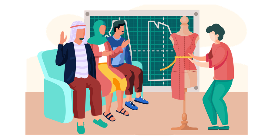 Grupo de personas árabes discutiendo con un sastre  Ilustración