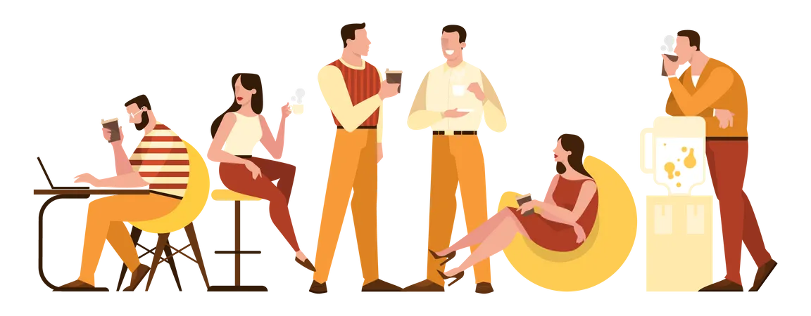 Un grupo de personas bebe una taza de café expreso caliente  Ilustración