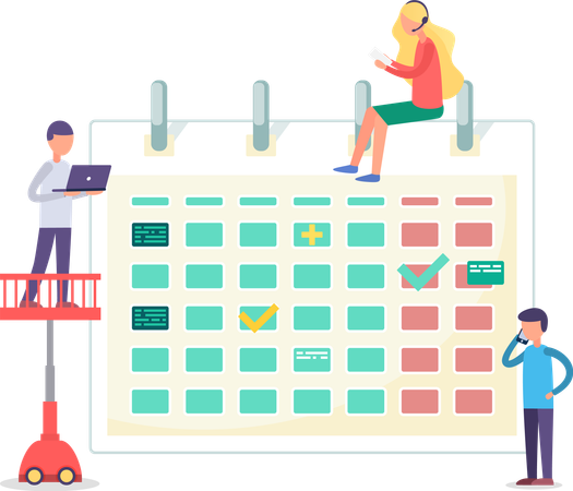 Grupo de personas cerca del calendario construyendo un horario  Ilustración