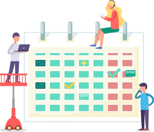 Grupo de personas cerca del calendario construyendo un horario  Ilustración