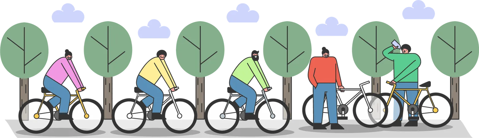 Grupo de personas andando en bicicleta en el parque  Ilustración