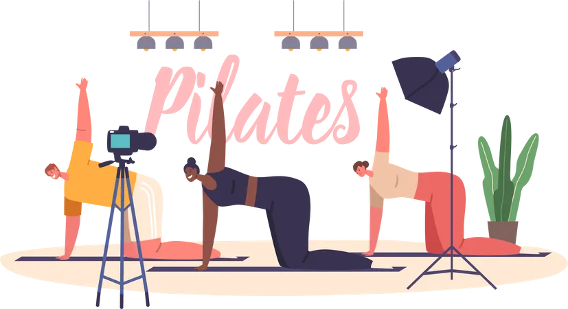 Grupo de personas graban vídeo para blog de Pilates  Ilustración