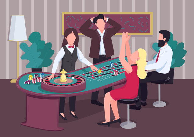 Un grupo de personas juega en la mesa de ruleta.  Ilustración