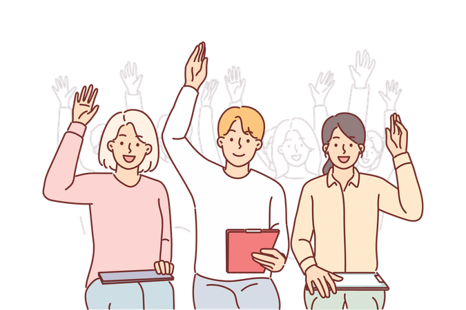 Un grupo de personas levantan la mano sentadas en la sala de conferencias  Ilustración