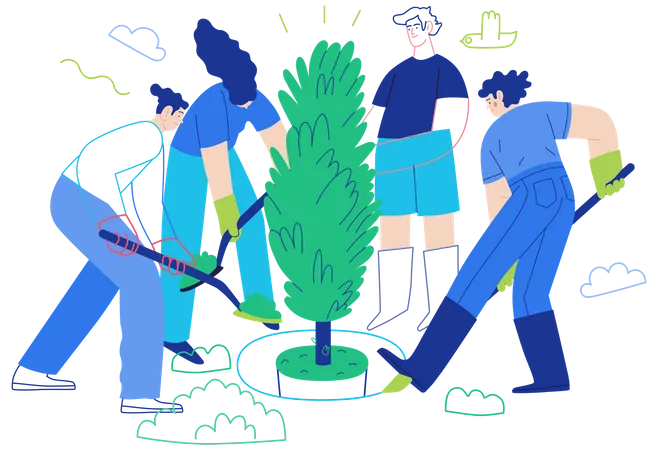 Grupo de personas plantando árboles  Ilustración